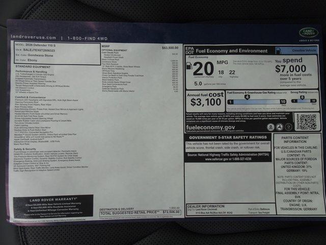 new 2026 Land Rover Defender car, priced at $72,506