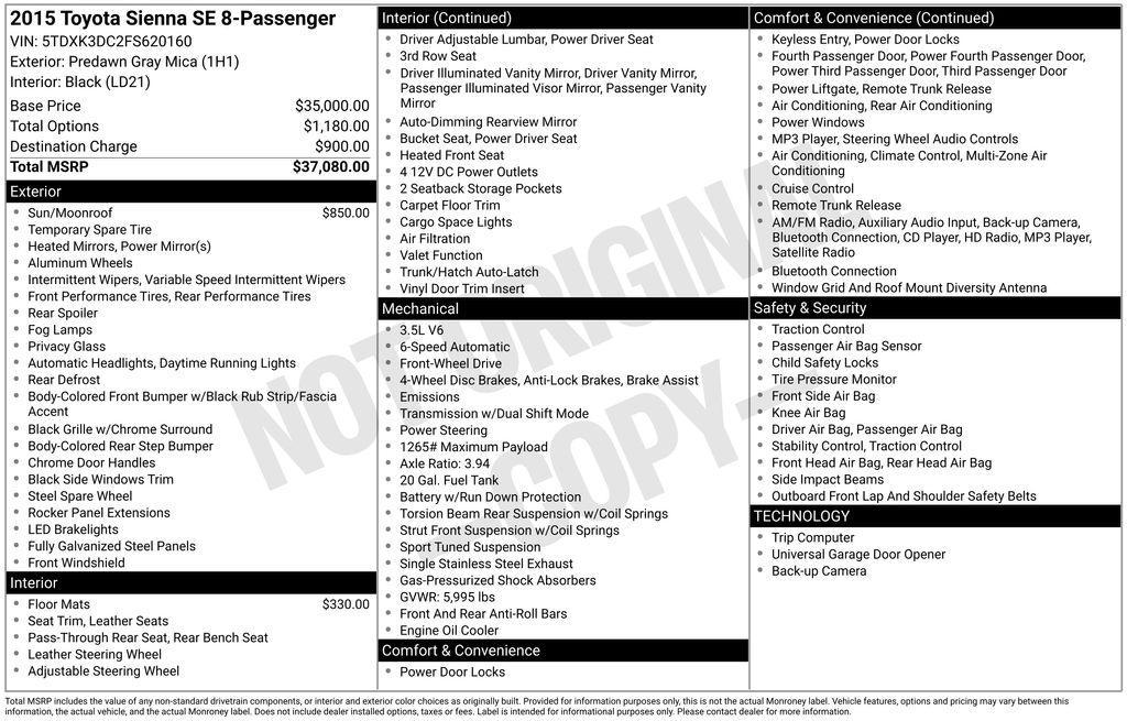 used 2015 Toyota Sienna car, priced at $18,950