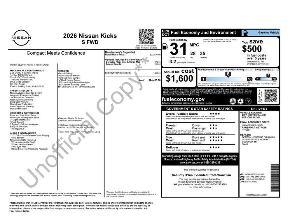 new 2026 Nissan Kicks car, priced at $20,596