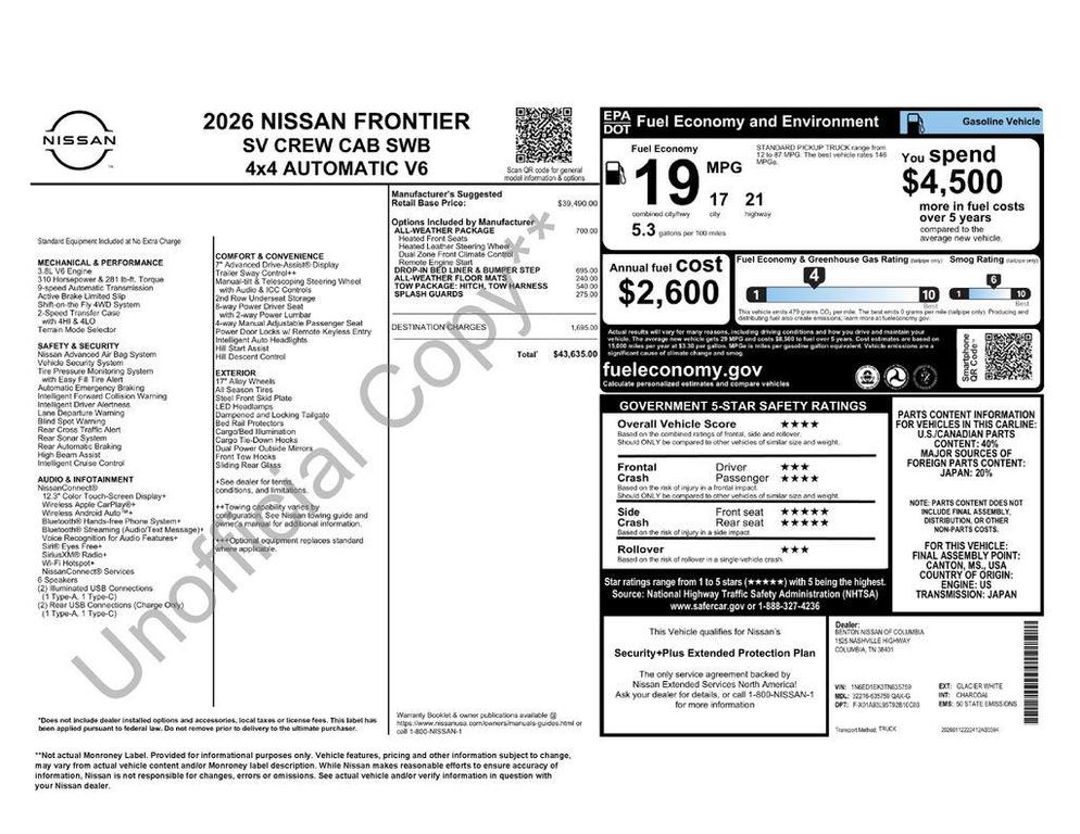 new 2026 Nissan Frontier car, priced at $37,991