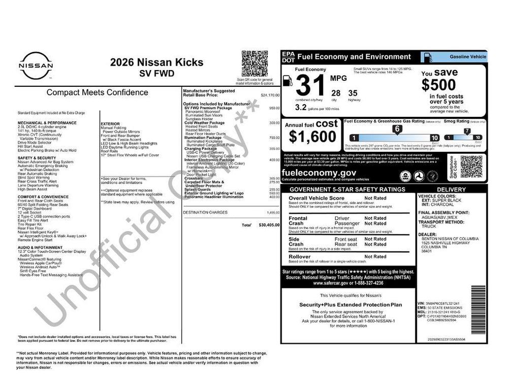 new 2026 Nissan Kicks car, priced at $26,959