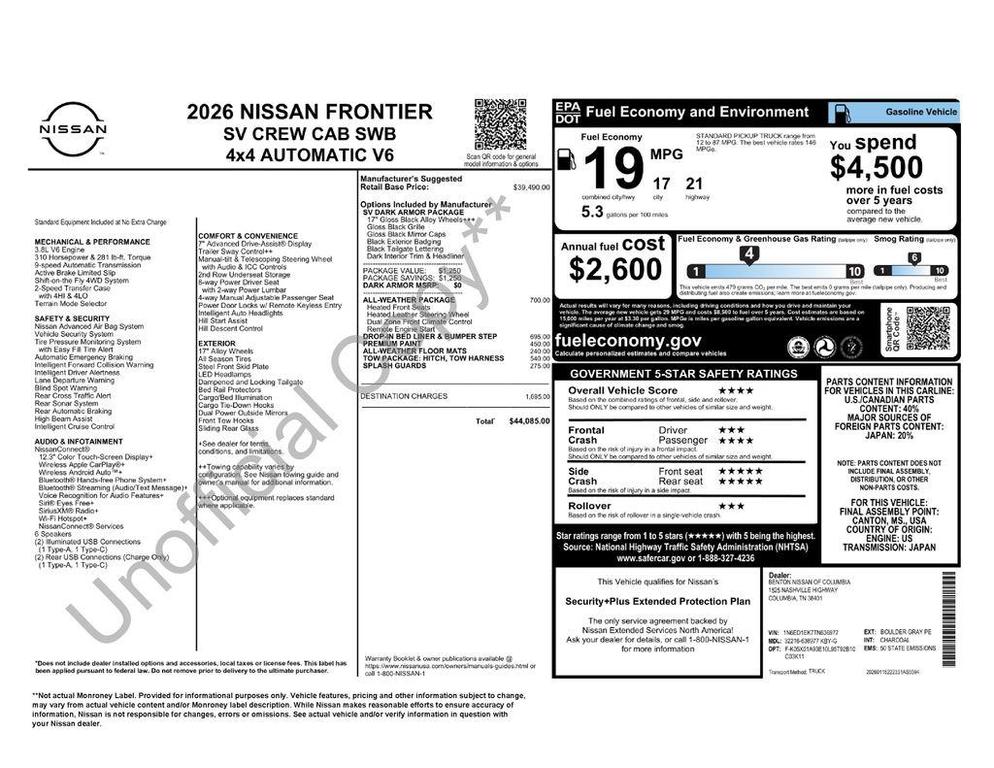 new 2026 Nissan Frontier car, priced at $38,391