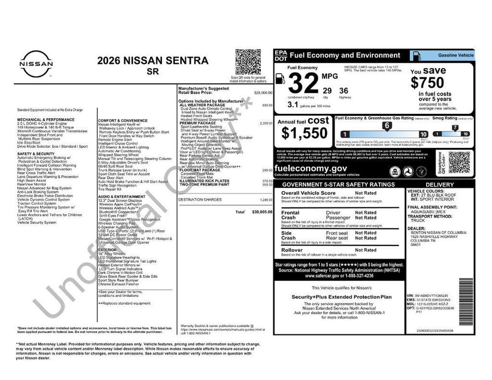 new 2026 Nissan Sentra car, priced at $27,609