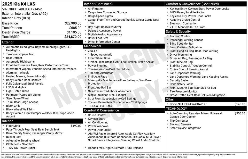 new 2025 Kia K4 car, priced at $23,325