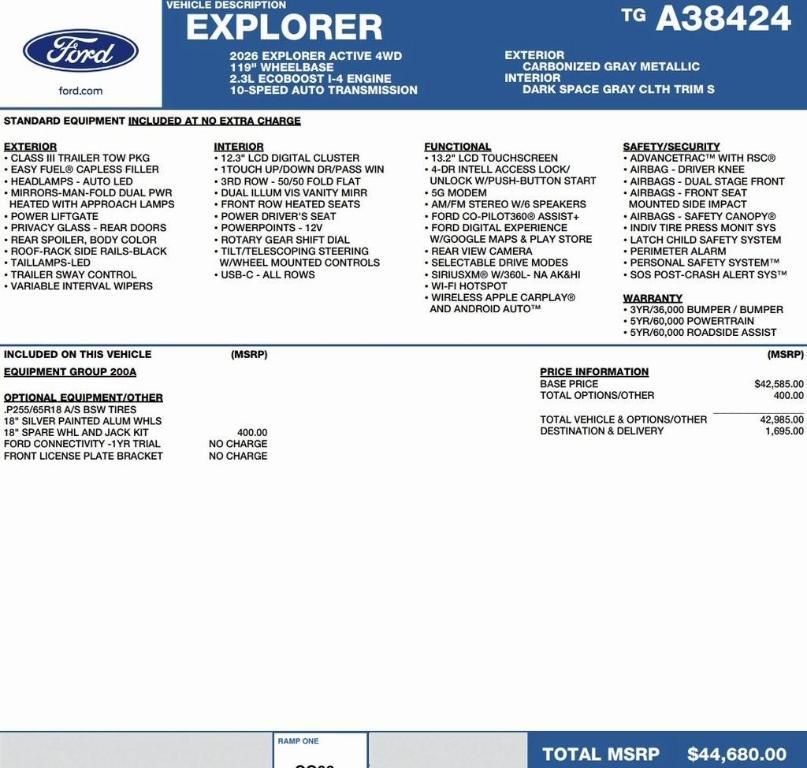 new 2026 Ford Explorer car, priced at $36,659