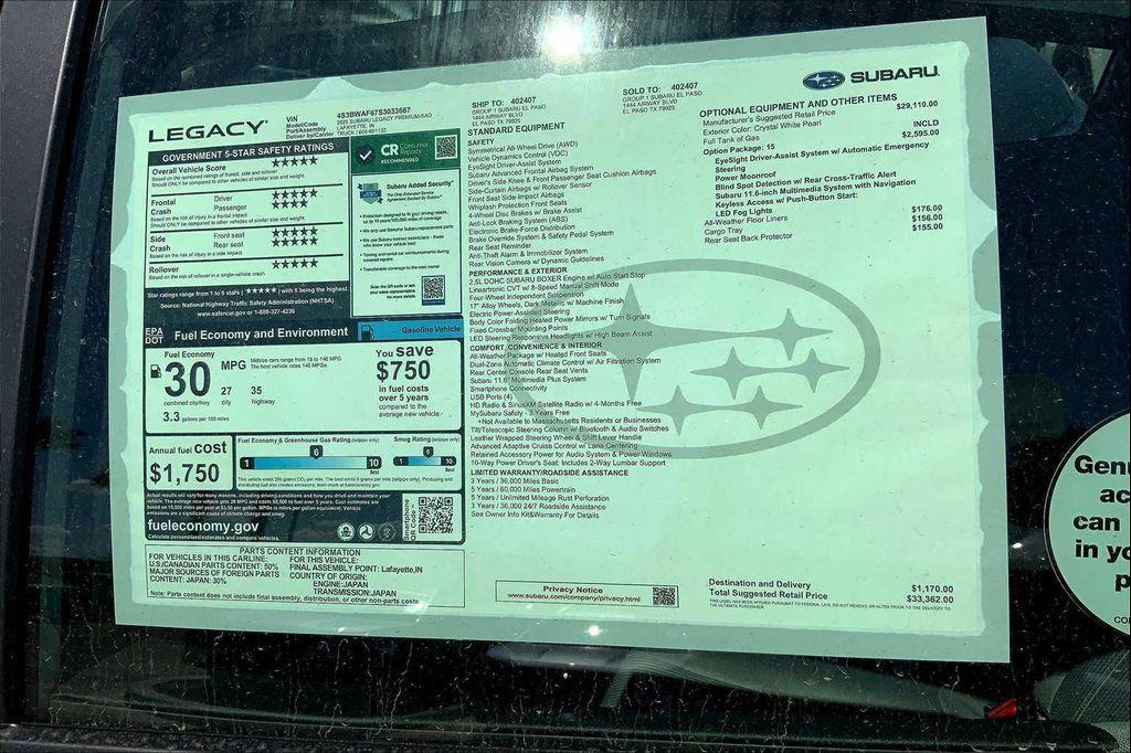 new 2025 Subaru Legacy car, priced at $33,362