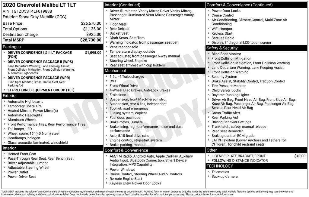 used 2020 Chevrolet Malibu car, priced at $15,902