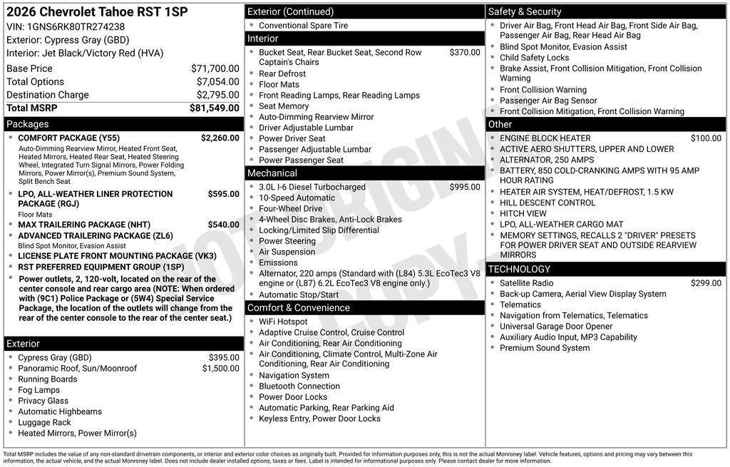 new 2026 Chevrolet Tahoe car, priced at $82,444