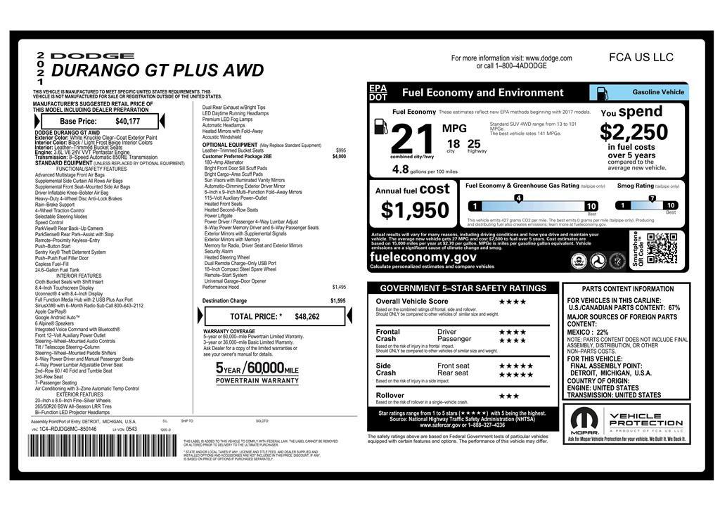 used 2021 Dodge Durango car, priced at $24,987