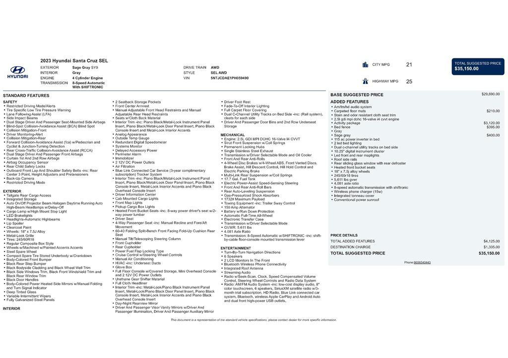 used 2023 Hyundai SANTA CRUZ car, priced at $20,199