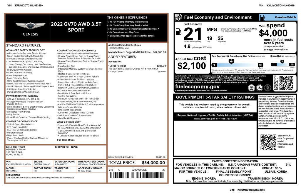 used 2022 Genesis GV70 car, priced at $34,166