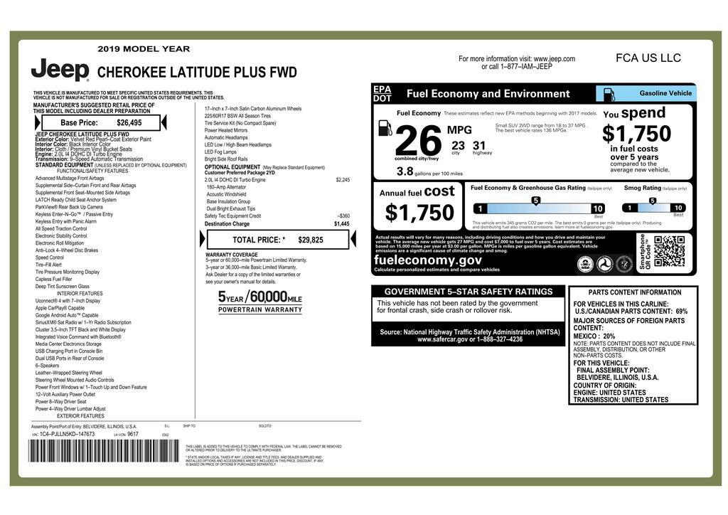 used 2019 Jeep Cherokee car, priced at $13,789