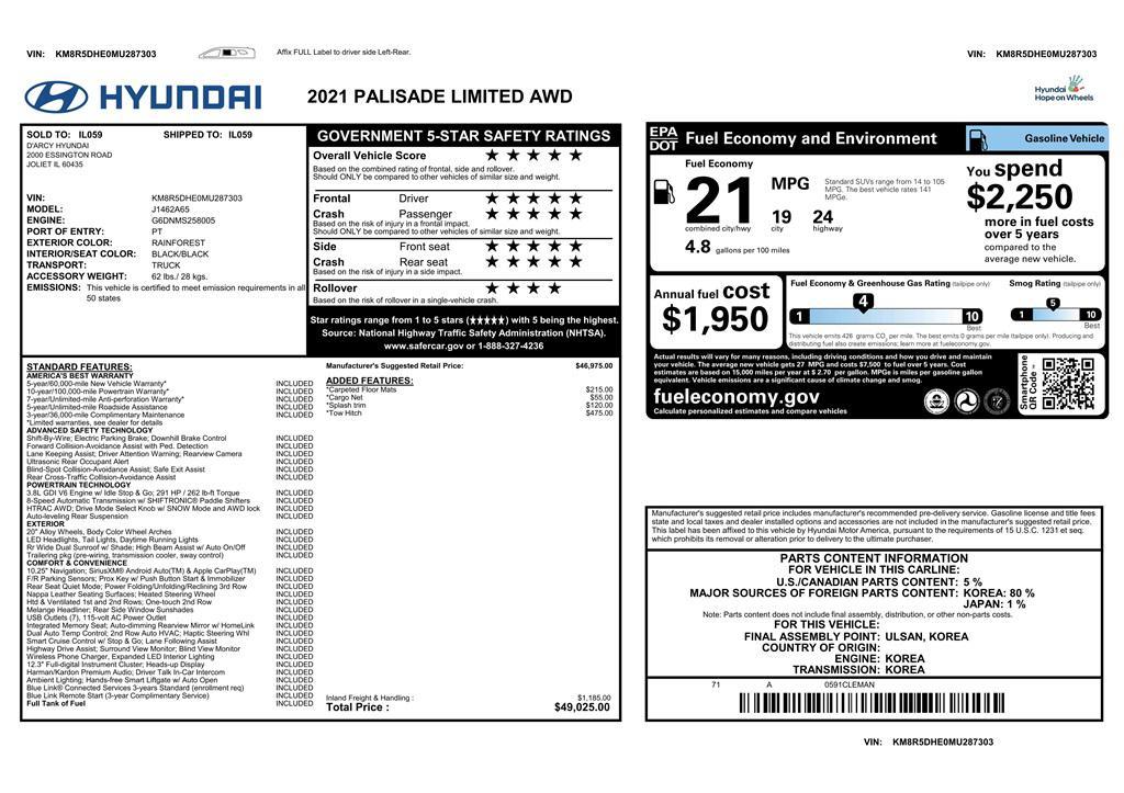 used 2021 Hyundai Palisade car, priced at $21,555
