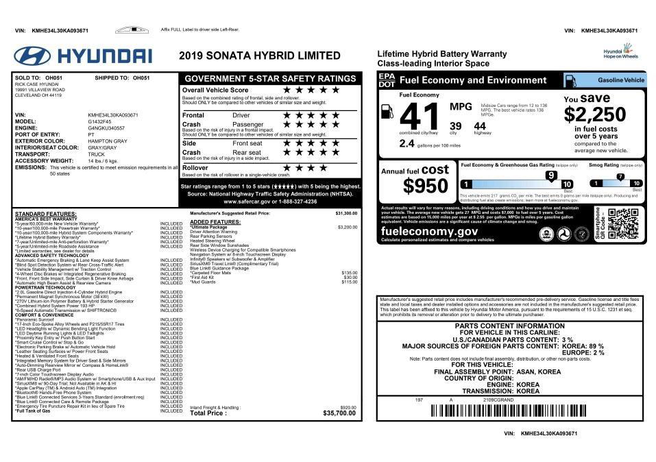 used 2019 Hyundai Sonata Hybrid car, priced at $15,777