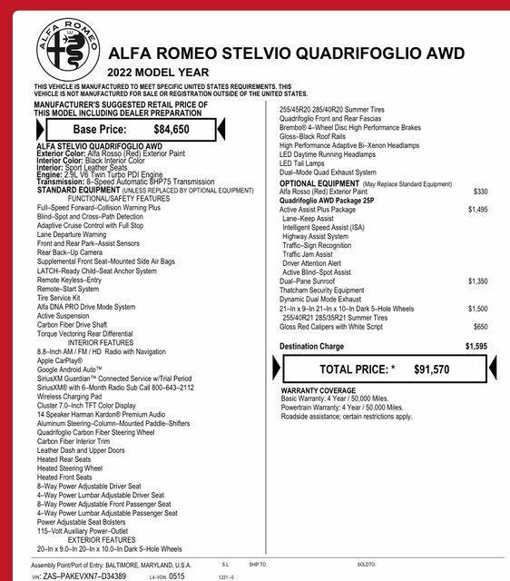 used 2022 Alfa Romeo Stelvio car, priced at $47,648