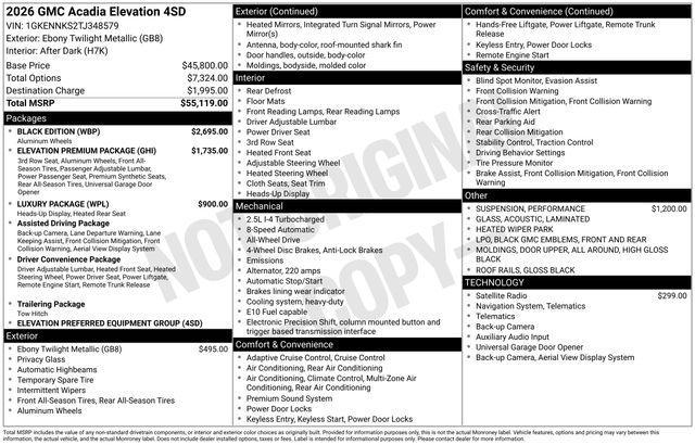 new 2026 GMC Acadia car, priced at $55,119
