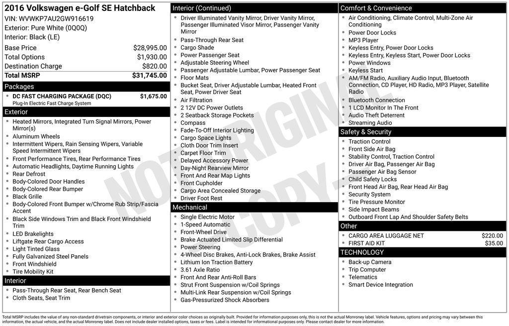used 2016 Volkswagen e-Golf car, priced at $8,500