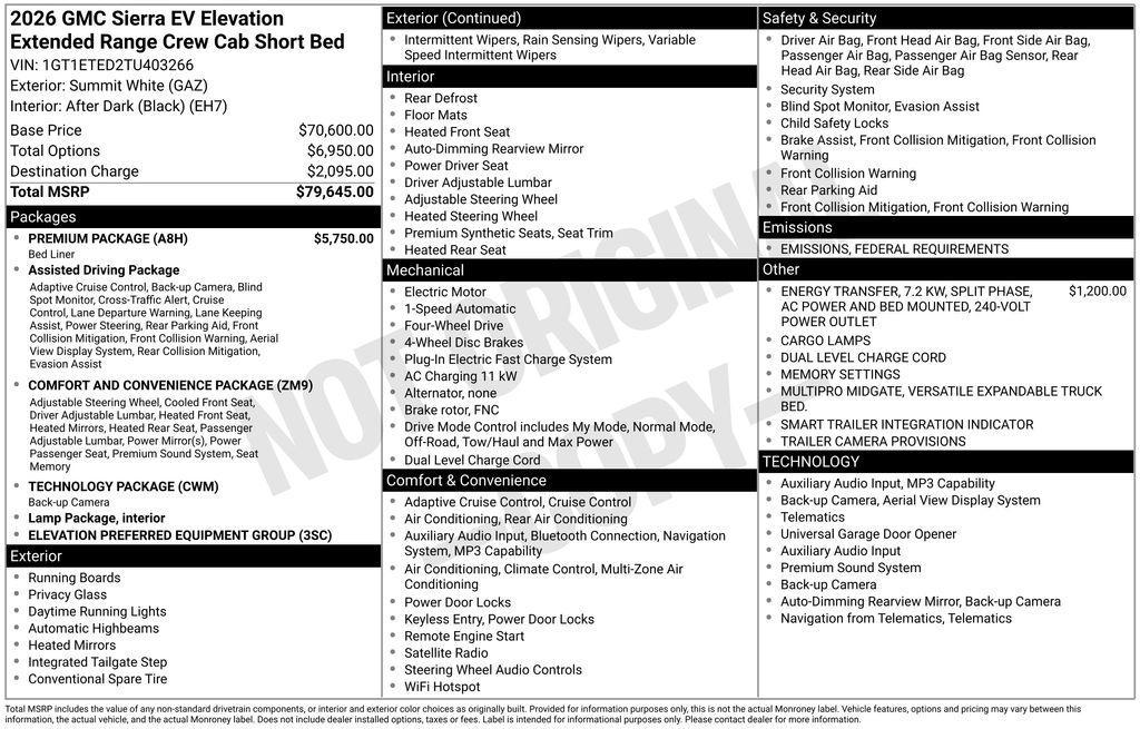 new 2026 GMC Sierra EV car, priced at $65,139