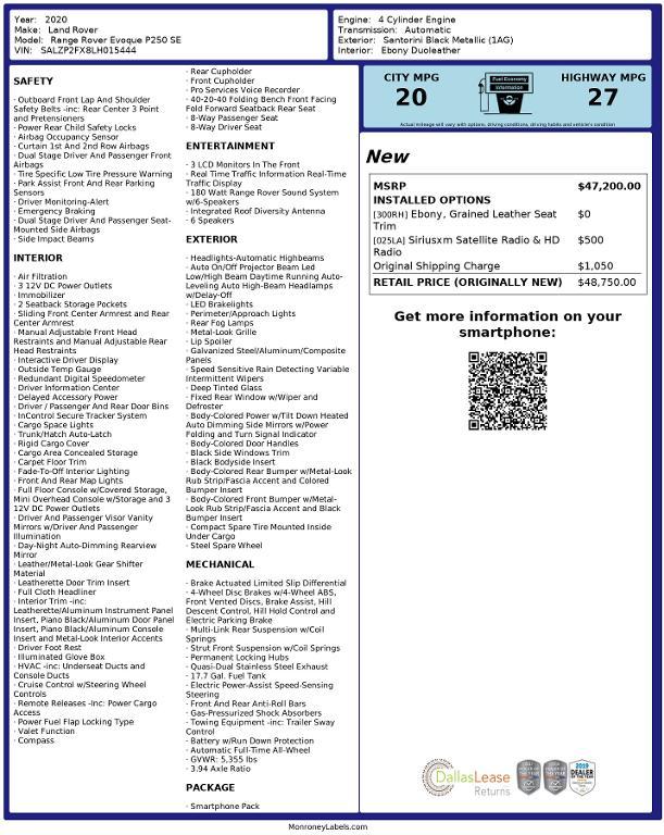 used 2020 Land Rover Range Rover Evoque car, priced at $21,885