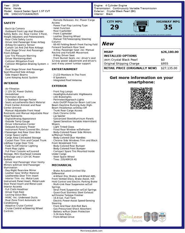 used 2019 Honda Accord car, priced at $18,135