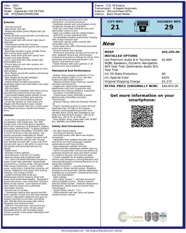 used 2021 Toyota Highlander car, priced at $33,266