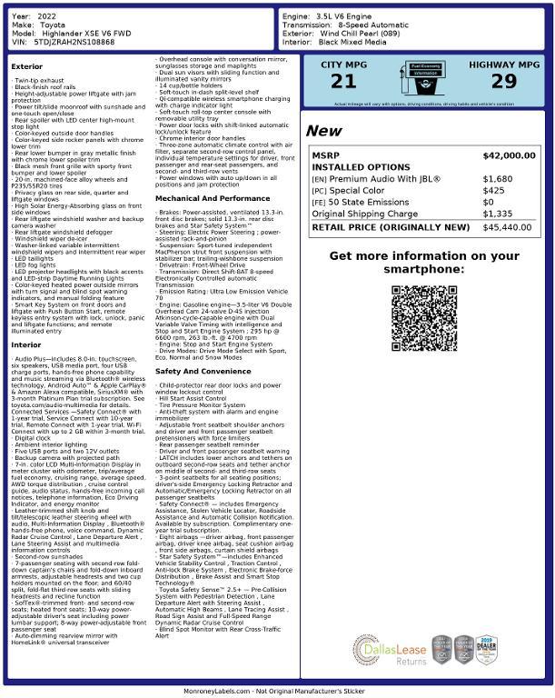 used 2022 Toyota Highlander car, priced at $26,335