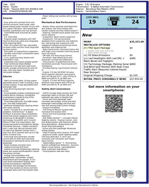 used 2022 Toyota Tacoma car, priced at $31,364