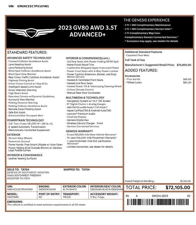 used 2023 Genesis GV80 car, priced at $36,612