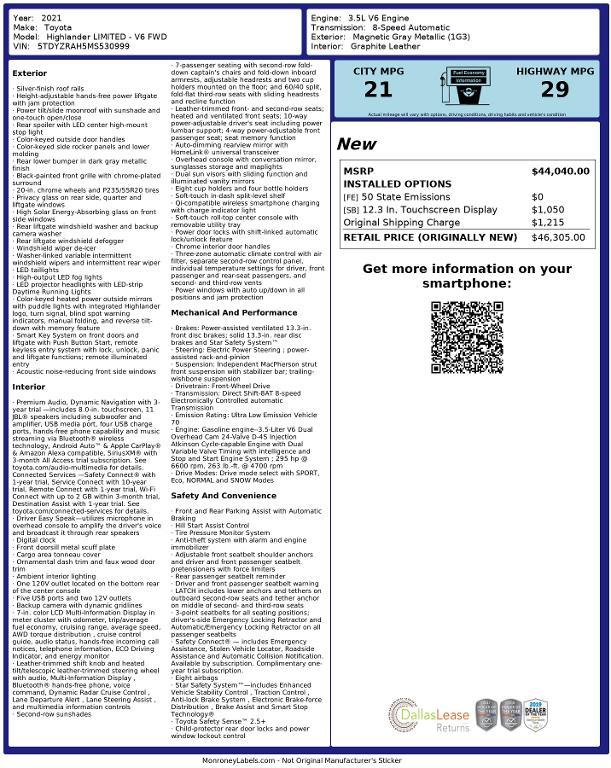 used 2021 Toyota Highlander car, priced at $35,802