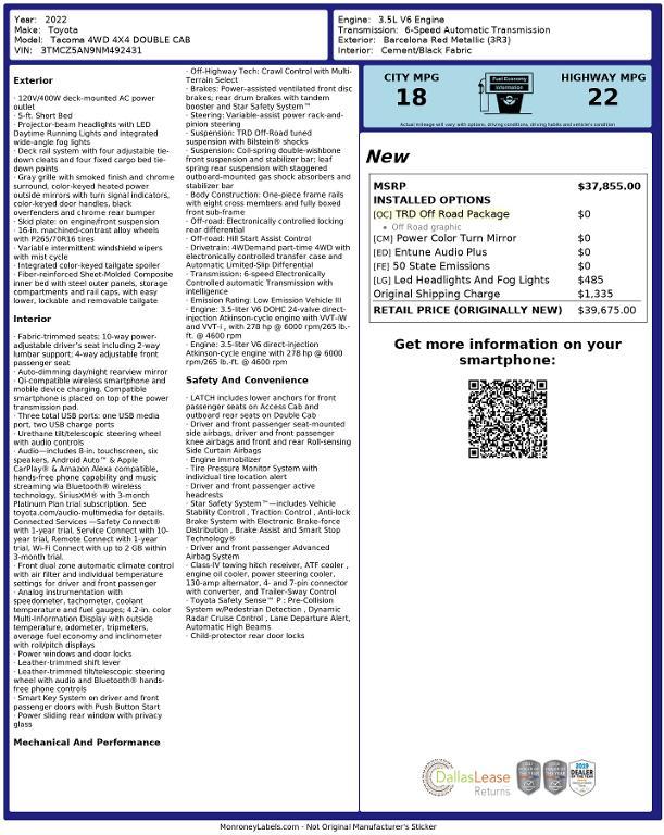 used 2022 Toyota Tacoma car, priced at $41,012