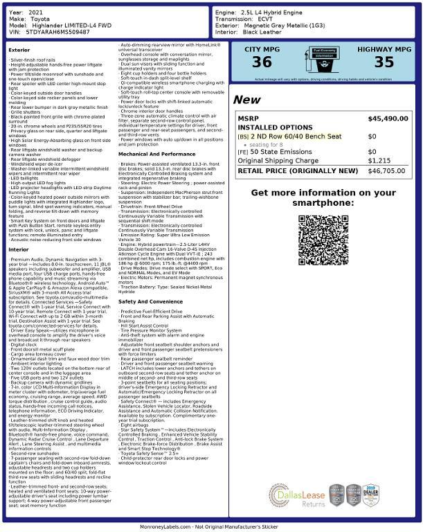 used 2021 Toyota Highlander Hybrid car, priced at $38,852