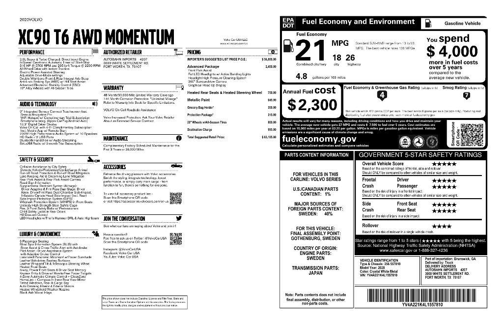 used 2020 Volvo XC90 car, priced at $23,625