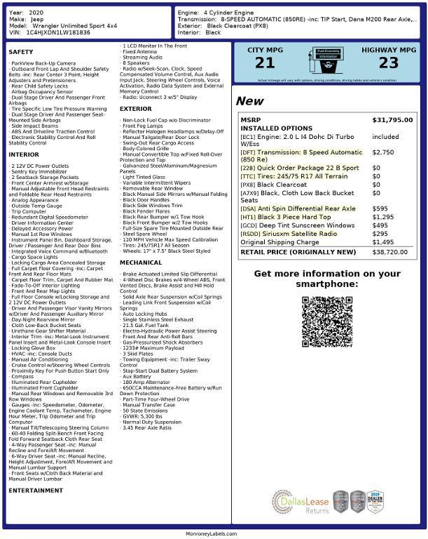 used 2020 Jeep Wrangler Unlimited car, priced at $23,334