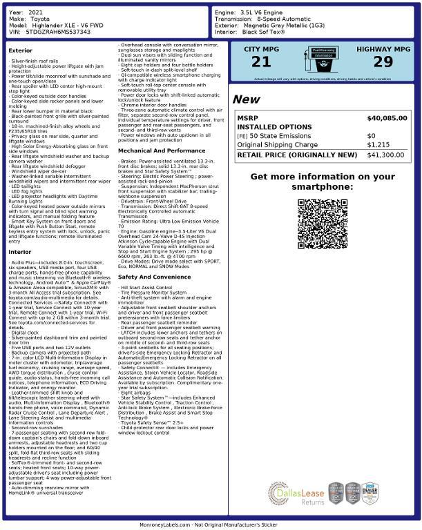 used 2021 Toyota Highlander car, priced at $24,885