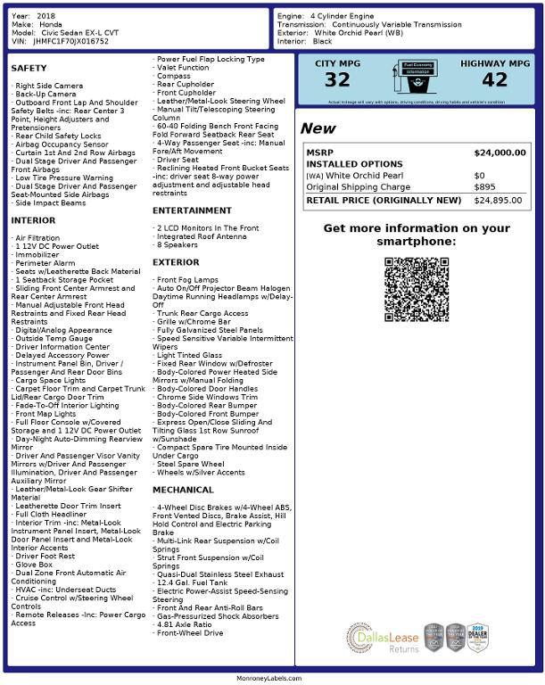 used 2018 Honda Civic car, priced at $23,035