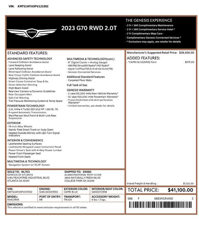 used 2023 Genesis G70 car, priced at $34,048