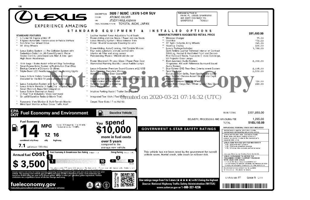 used 2020 Lexus LX 570 car, priced at $67,987