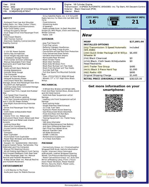 used 2018 Jeep Wrangler JK Unlimited car, priced at $24,335