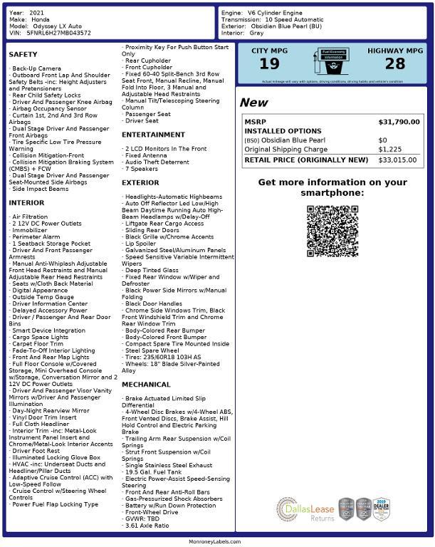 used 2021 Honda Odyssey car, priced at $22,355