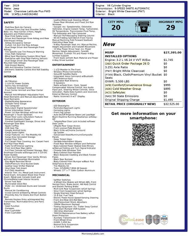 used 2019 Jeep Cherokee car, priced at $18,124