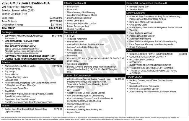 new 2026 GMC Yukon car, priced at $84,675