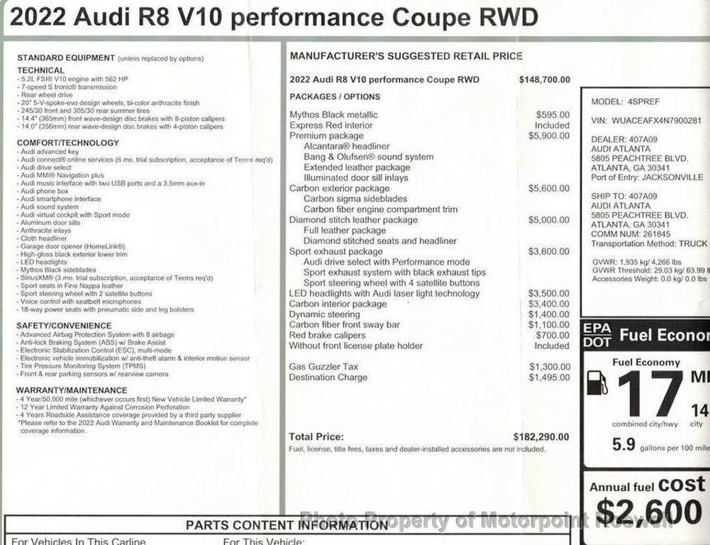 used 2022 Audi R8 car, priced at $165,786