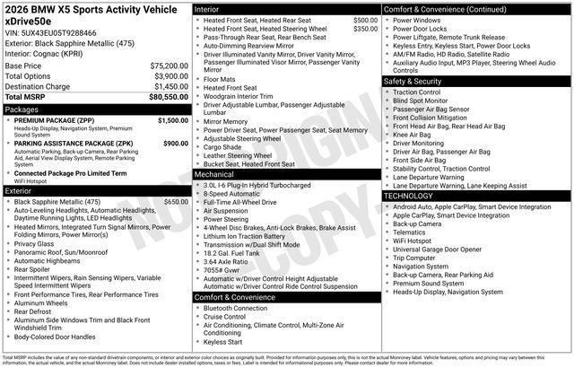 new 2026 BMW X5 PHEV car, priced at $80,825