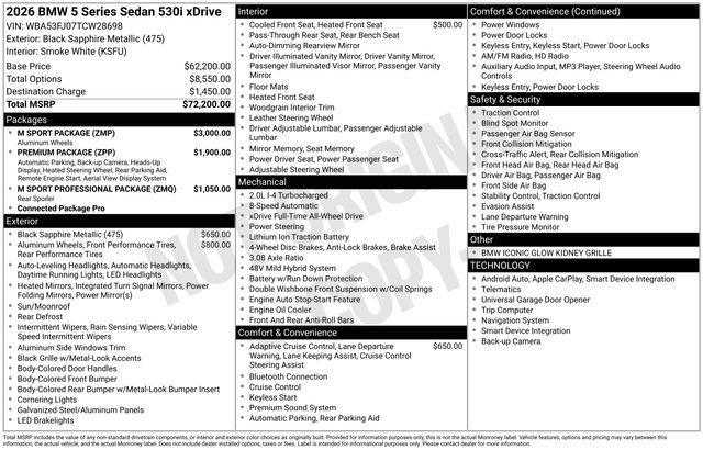 new 2026 BMW 530 car, priced at $72,390