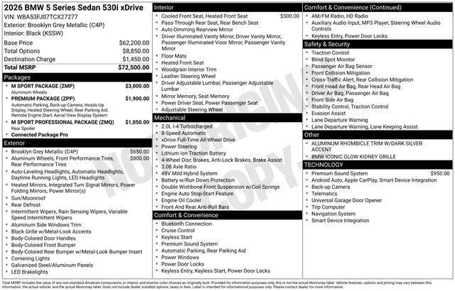 new 2026 BMW 530 car, priced at $73,565