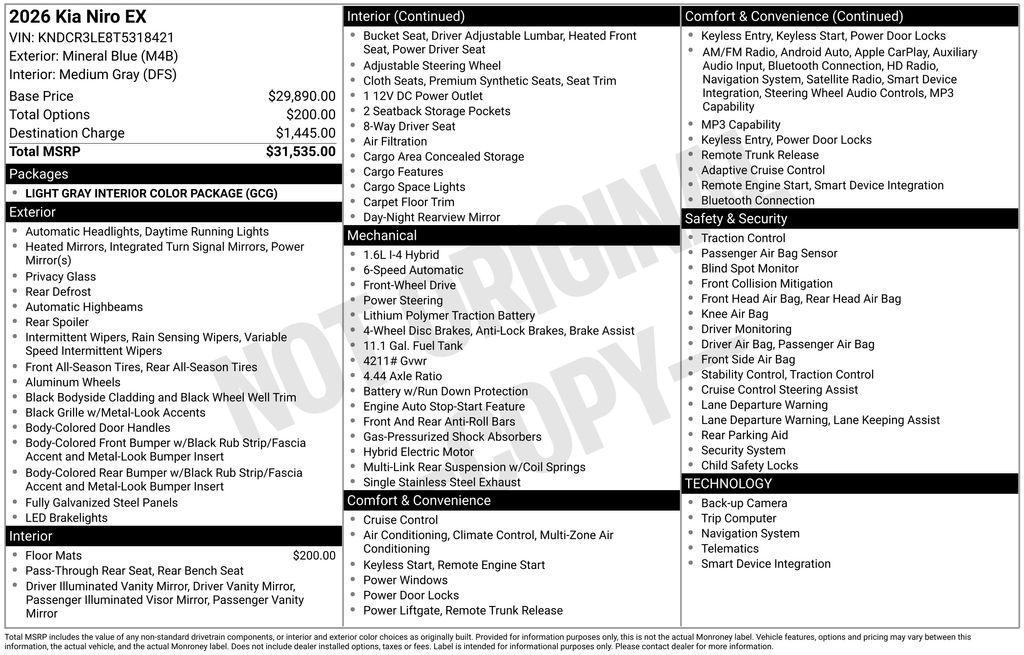 new 2026 Kia Niro car, priced at $30,450