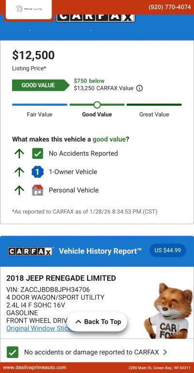 used 2018 Jeep Renegade car, priced at $12,500