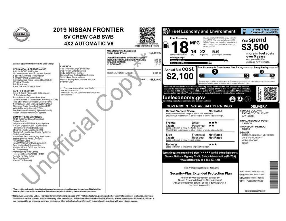 used 2019 Nissan Frontier car, priced at $19,000