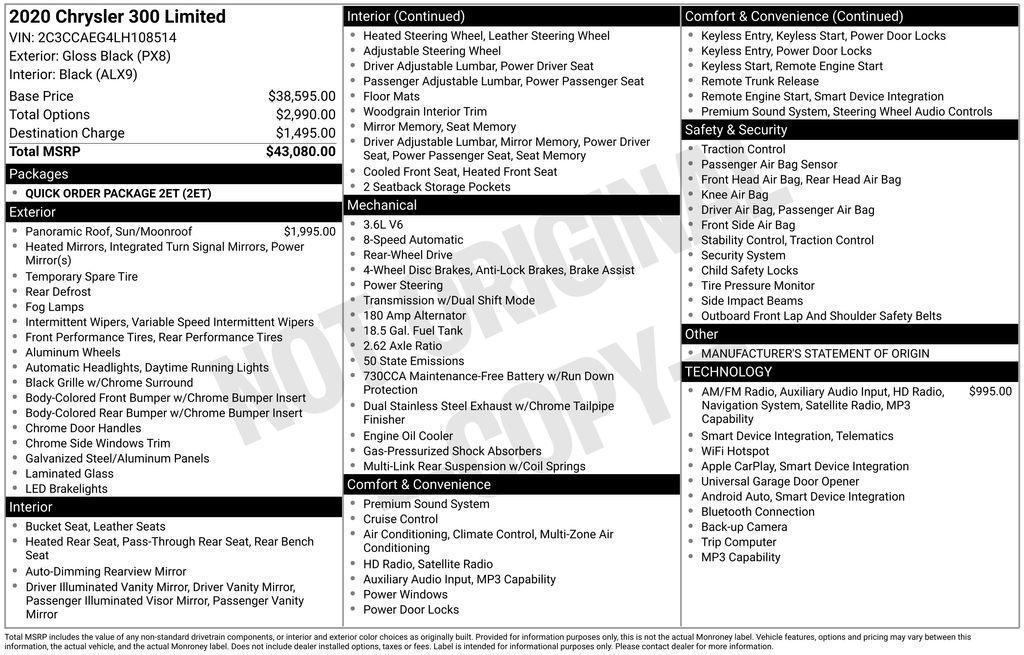 used 2020 Chrysler 300 car, priced at $15,500