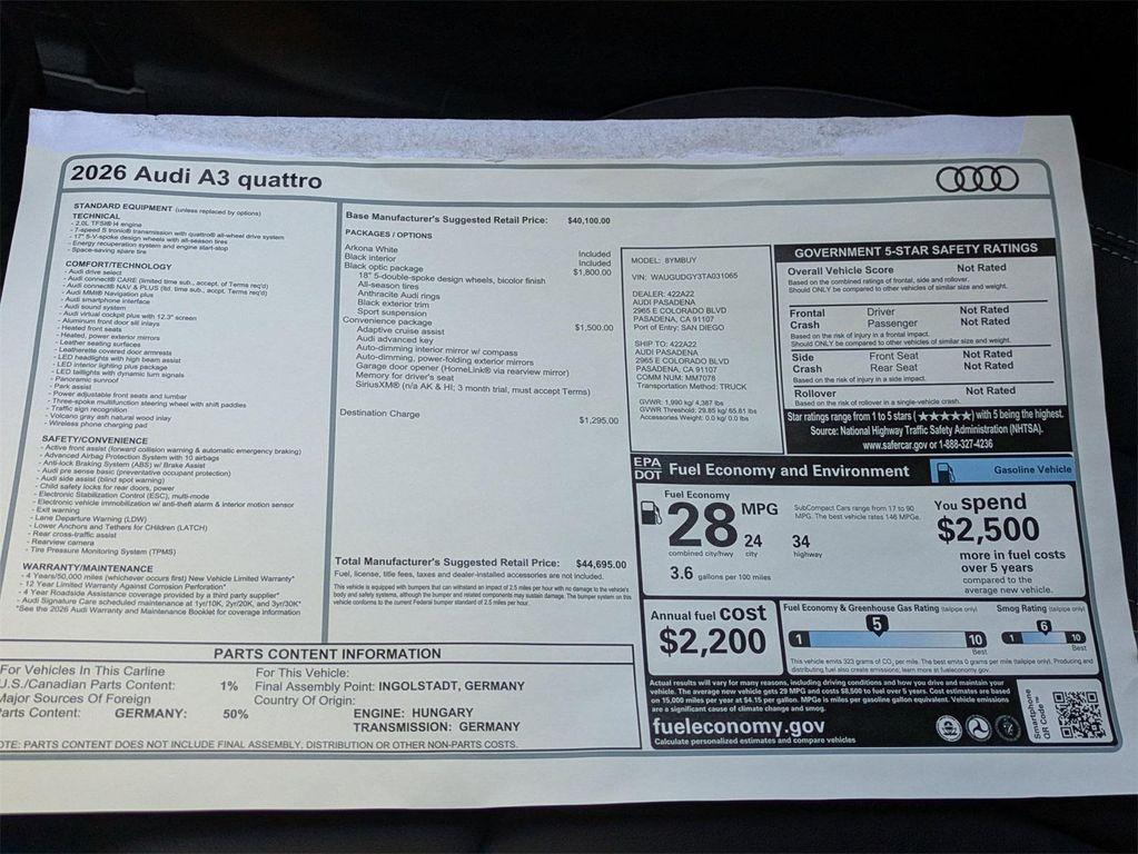 new 2026 Audi A3 car, priced at $44,695